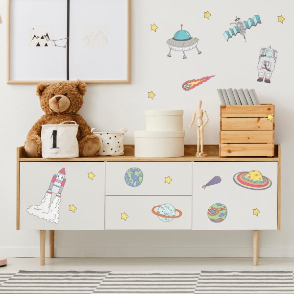 Funlife Cartoon Space Rockets Astronaut Wall Decal Sticker,Transparent PVC Kids Room kindergarten Mural Wall Decor,Children Gift