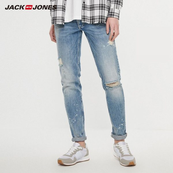 JackJones Slim Fit Men's Jeans Frayed Cuffs Ripped Male Denim Jeans Spray Paints Jeans Menswear| 219332537