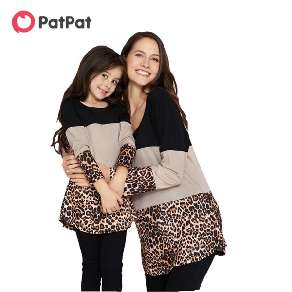 PatPat 2021 Hot Sale Spring and Autumn Stylish Leopard Color Matching Long Sleeve Shirts for Mom and Me Family Look Tops