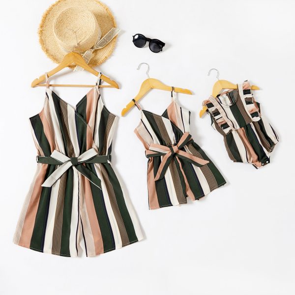 PatPat Colorful Vertical Stripe Matching Sling Shorts Rompers