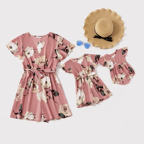 PatPat Floral Print V-neck Short-sleeve Matching Pink Shorts Rompers