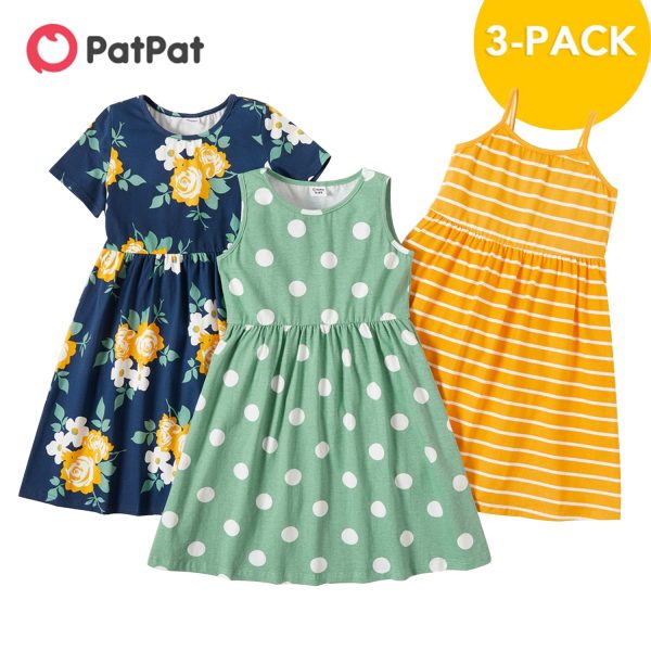 PatPat New Arrival Summer 2021 3-piece Unicorn Allover Striped Print Solid Dresses Children's Clothing