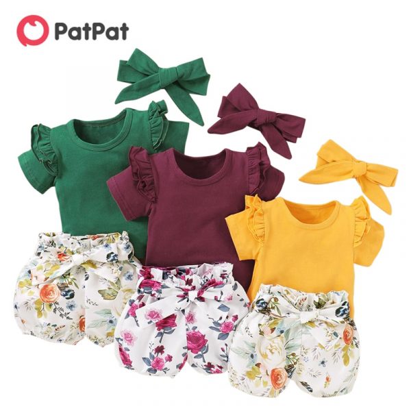 PatPat Solid Short-sleeve Top and Allover Shorts with Headband Set