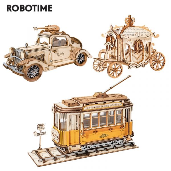 Robotime 3 Kinds DIY 3D Transportation Wooden Puzzle Game Assembly Vintage Car Tramcar Carriage Toy Gift for Children Adult