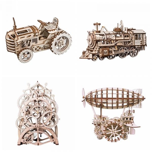 Robotime 4 Kinds DIY Laser Cutting 3D Mechanical Model Wooden Model Building Block Kits Assembly Toy Gift for Children Adult