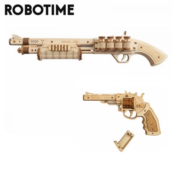 Robotime Gun Building Blocks DIY Revolver,Scatter with Rubber Band Bullet Wooden Popular Toy Gift for Children Adult