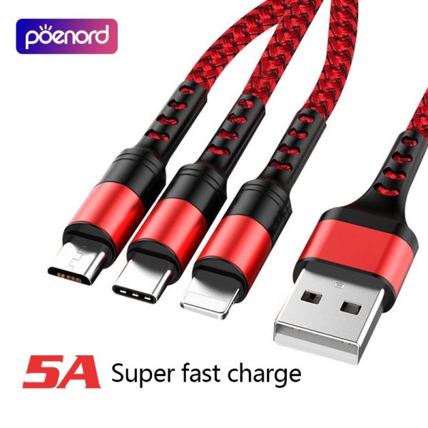 5A 3 in 1 Data USB Cable Fast Charger Charging Cable For iPhone Android Phone Type C Xiaomi Huawei Samsung iPad Charger Cable