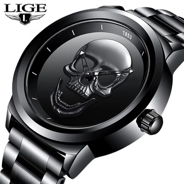 Relogio Masculino LIGE Skull Mens Watches Simple Stainless Steel Sports Watch Men's Openwork Quartz Wristwatch Waterproof Watc